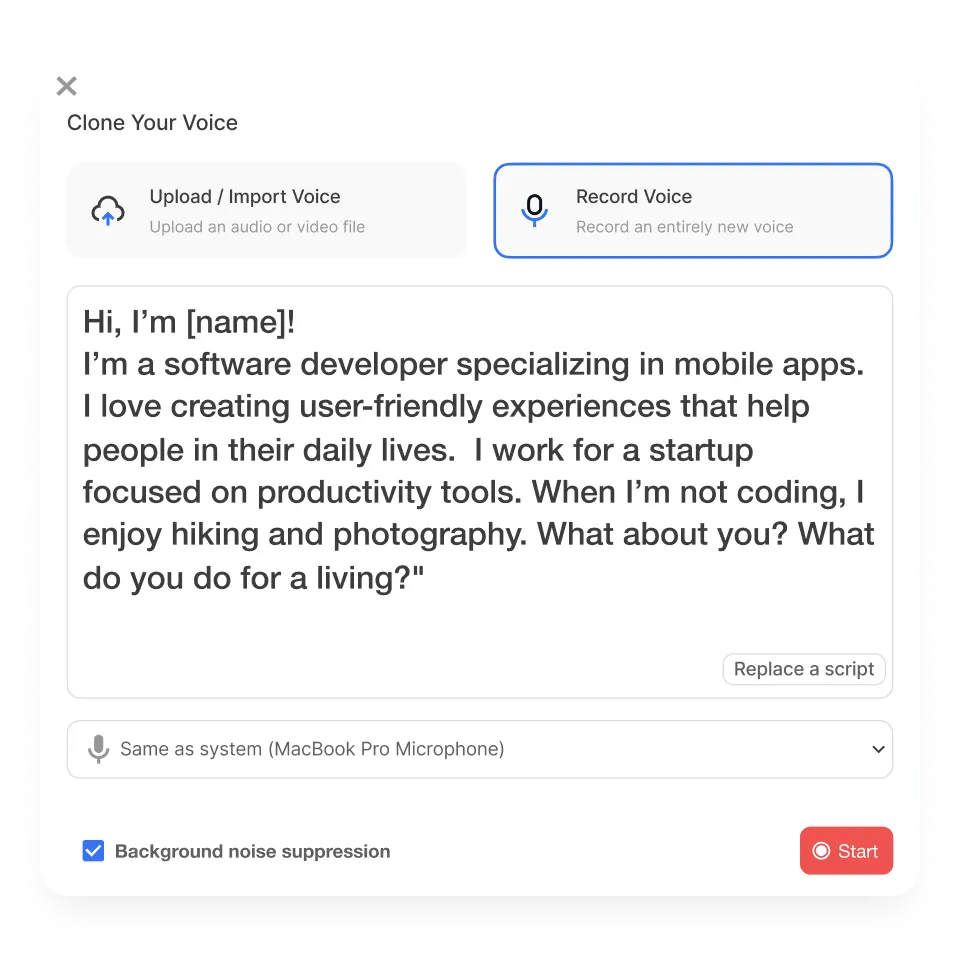 Visla’s voiceover recording interface with options to upload, record, or generate AI voiceovers.